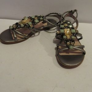 WOMENS JOAN & DAVID GRAY LEATHER STONE SANDALS 6.5